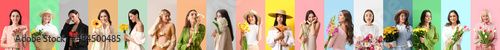 Group of beautiful women with fresh flowers on color background