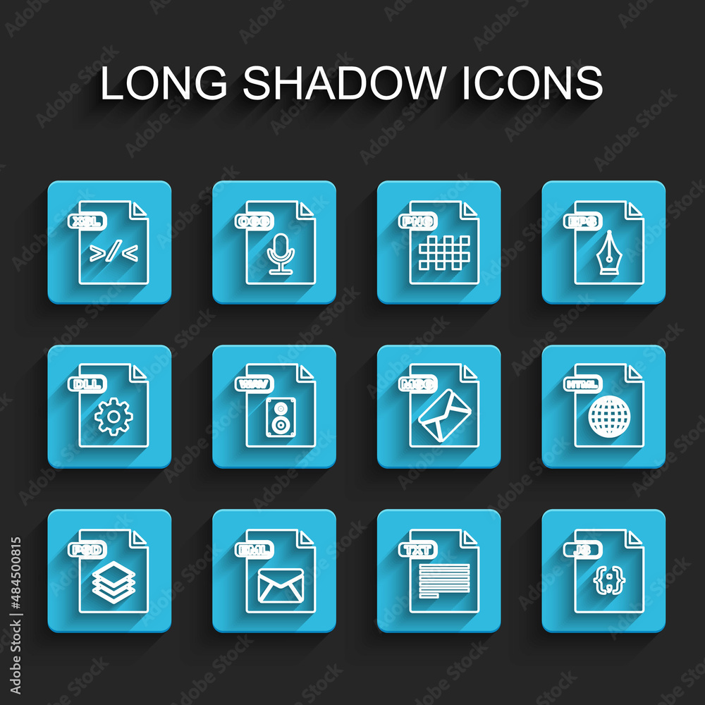Set line PSD file document, EML, XSL, TXT, JS, WAV, HTML and MSG icon. Vector Set line PSD file document, EML, XSL, TXT, JS, WAV, HTML and MSG icon. Vector