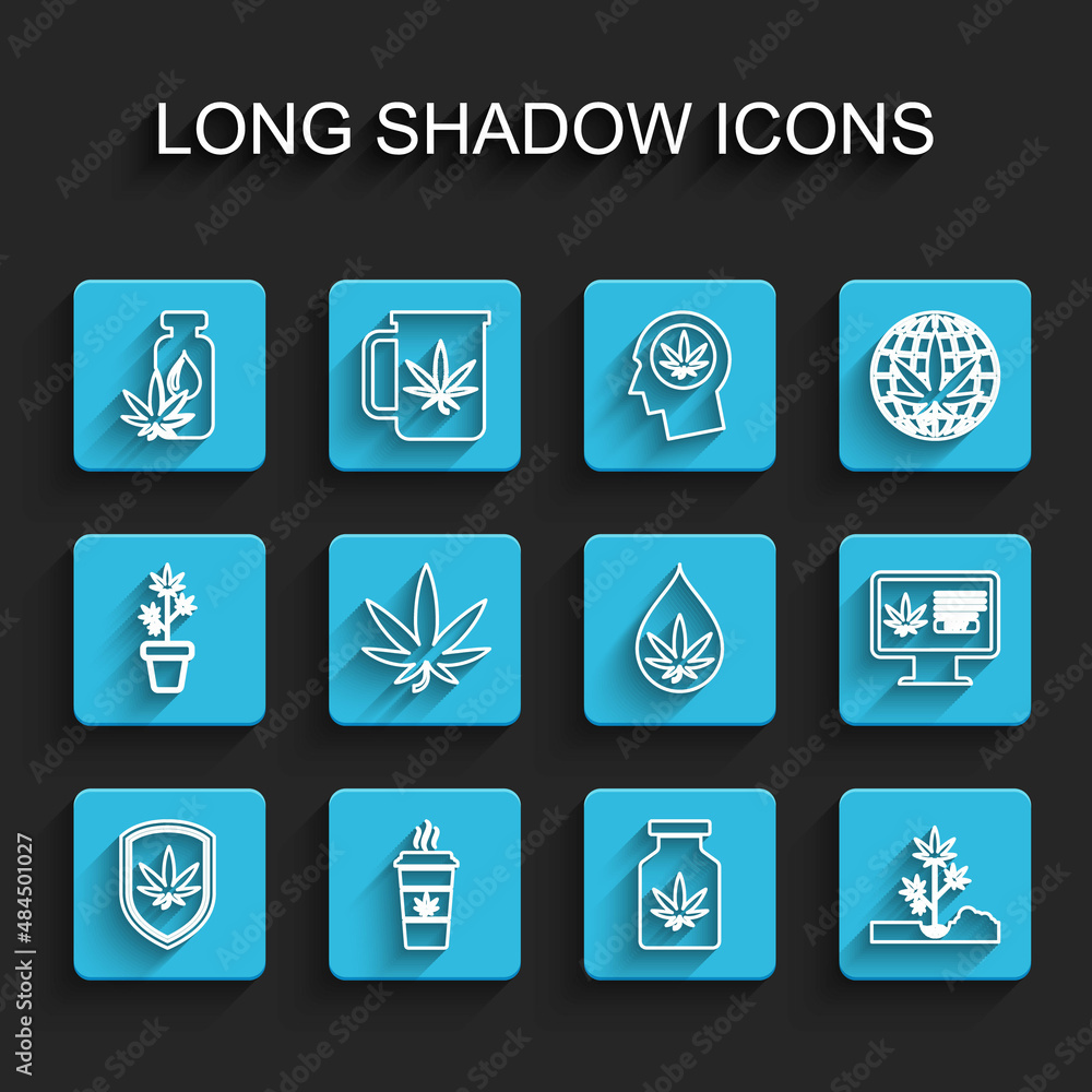 Set line Shield and marijuana, Cup coffee with, Marijuana or cannabis leaf oil, Medical bottle, Planting, Online buying and icon. Vector Set line Shield and marijuana, Cup coffee with, Marijuana or cannabis leaf oil, Medical bottle, Planting, Online buying and icon. Vector