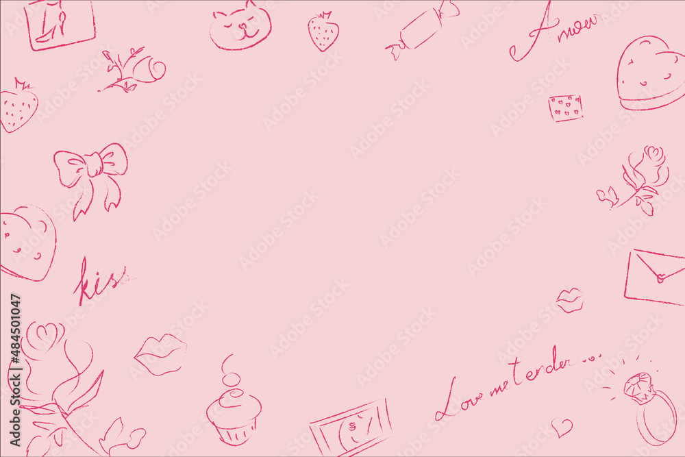 Background set, nude pink line drawing. Pattern: kissing couple, heart, rose, love, flowers, sweets, gifts, candies, envelopes, cats, strawberries, diamond engagement ring. 2 parts. Valentine's Day.