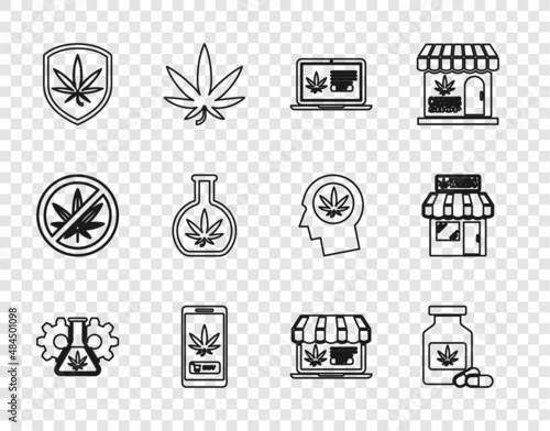 Set line Test tube with marijuana, Medical bottle, Online buying, Shield and, and Marijuana cannabis store icon. Vector