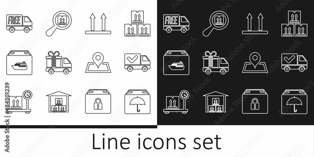 Set line Delivery package with umbrella, truck check mark, This side up, gift, Cargo ship boxes, Free delivery service, Placeholder on map and Search icon. Vector