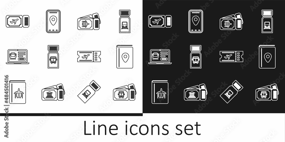 Set line Bus ticket, Cover book travel guide, Airline, Online car sharing, and Infographic of city map icon. Vector Set line Bus ticket, Cover book travel guide, Airline, Online car sharing, and Infographic of city map icon. Vector