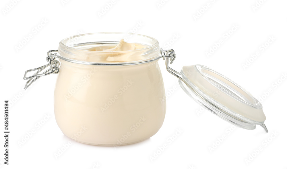 Mayonnaise in glass jar isolated on white Mayonnaise in glass jar isolated on white