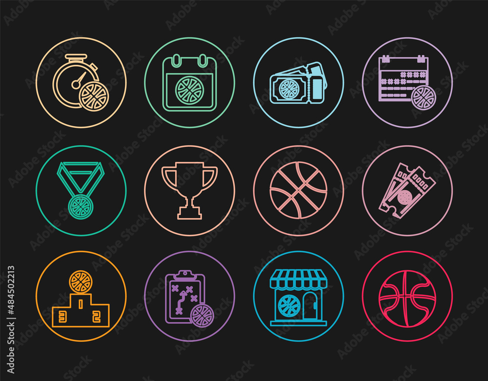 Set line Basketball ball, game ticket, Award cup, medal, Stopwatch with basketball, and on sport calendar icon. Vector Set line Basketball ball, game ticket, Award cup, medal, Stopwatch with basketball, and on sport calendar icon. Vector
