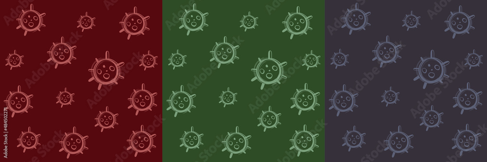 Pattern with the image of covid bacteria in different colors. Flat design. Microbe Covid-19 Pattern with the image of covid bacteria in different colors. Flat design. Microbe Covid-19