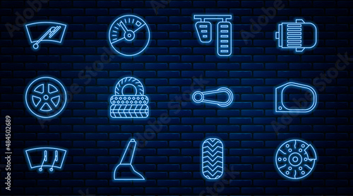 Set line Car brake disk with caliper, mirror, gas and pedals, tire, wheel, Windscreen wiper, door handle and Speedometer icon. Vector