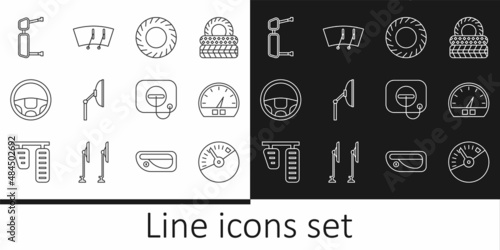 Set line Speedometer, Car tire, Windscreen wiper, Steering wheel, Truck side mirror, Oil filler cap at gas station and icon. Vector