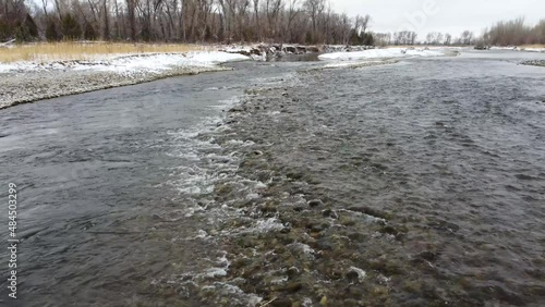 Drone fly over a river