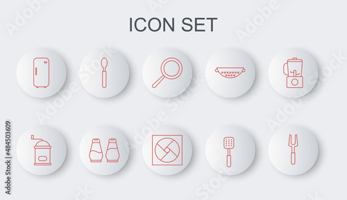 Set line Barbecue fork, Manual coffee grinder, Frying pan, Spatula, Refrigerator, Spoon, Salt and pepper and Ventilation icon. Vector