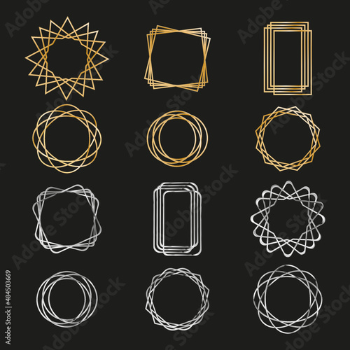 Gold and silver frames on a  black background. Geometric figures. Modern gold  and silver stripes.Vector illustration.