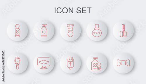 Set line Bow tie, Hand mirror, Shaving brush, gel foam, Classic Barber shop pole, Cream lotion cosmetic tube, Barbershop and Electrical hair clipper shaver icon. Vector