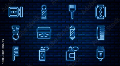 Set line Electrical hair clipper or shaver, Hairbrush, Cream lotion cosmetic jar, Shaving, Barbershop, Classic pole and icon. Vector