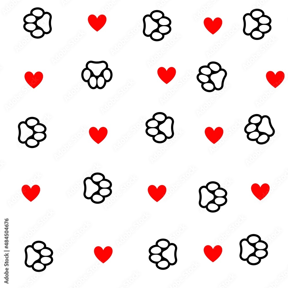 Fototapeta premium paws of a cat or dog with hearts, pattern