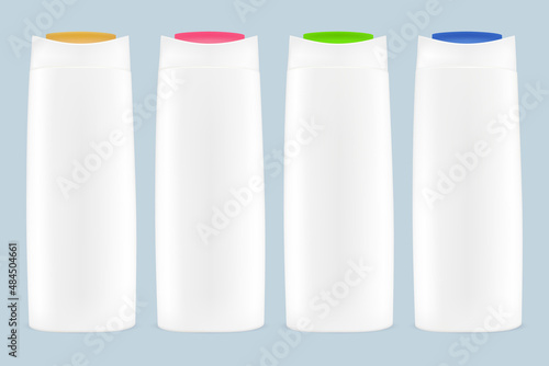 Vector drawing, Set white plastic shampoo bottles with colored caps.