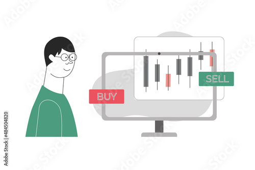 Trader is watching the charts on the computer monitor thinking buy sell. Man teaching to invest in stock, cryptocurrencies business. Vector illustration.