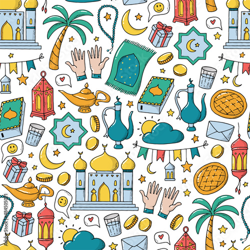 Islam and Ramadan sea,less pattern with hand drawn doodles on white background. Good for wrapping paper, textile prints, packages, kids decor, scrapbooking, crafting, etc. EPS 10
