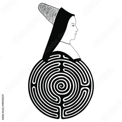 Head of a pretty Renaissance girl on top of a round spiral maze or labyrinth symbol. Ariadne. Creative concept. Black and white silhouette.