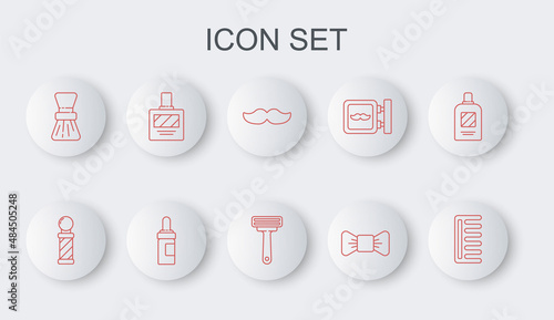Set line Hairbrush, Classic Barber shop pole, Mustache, Bow tie, Shaving, Aftershave, Beard and mustaches care oil bottle and razor icon. Vector