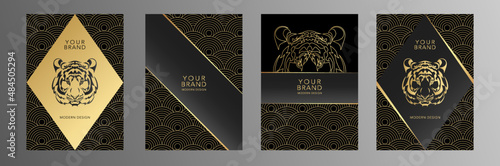 Modern cover design template set of gold tiger - Chinese zodiac symbol. Lunar 2022 year concept. Premium luxury line pattern vector collection for brochure, template, catalog, menu, invitation.