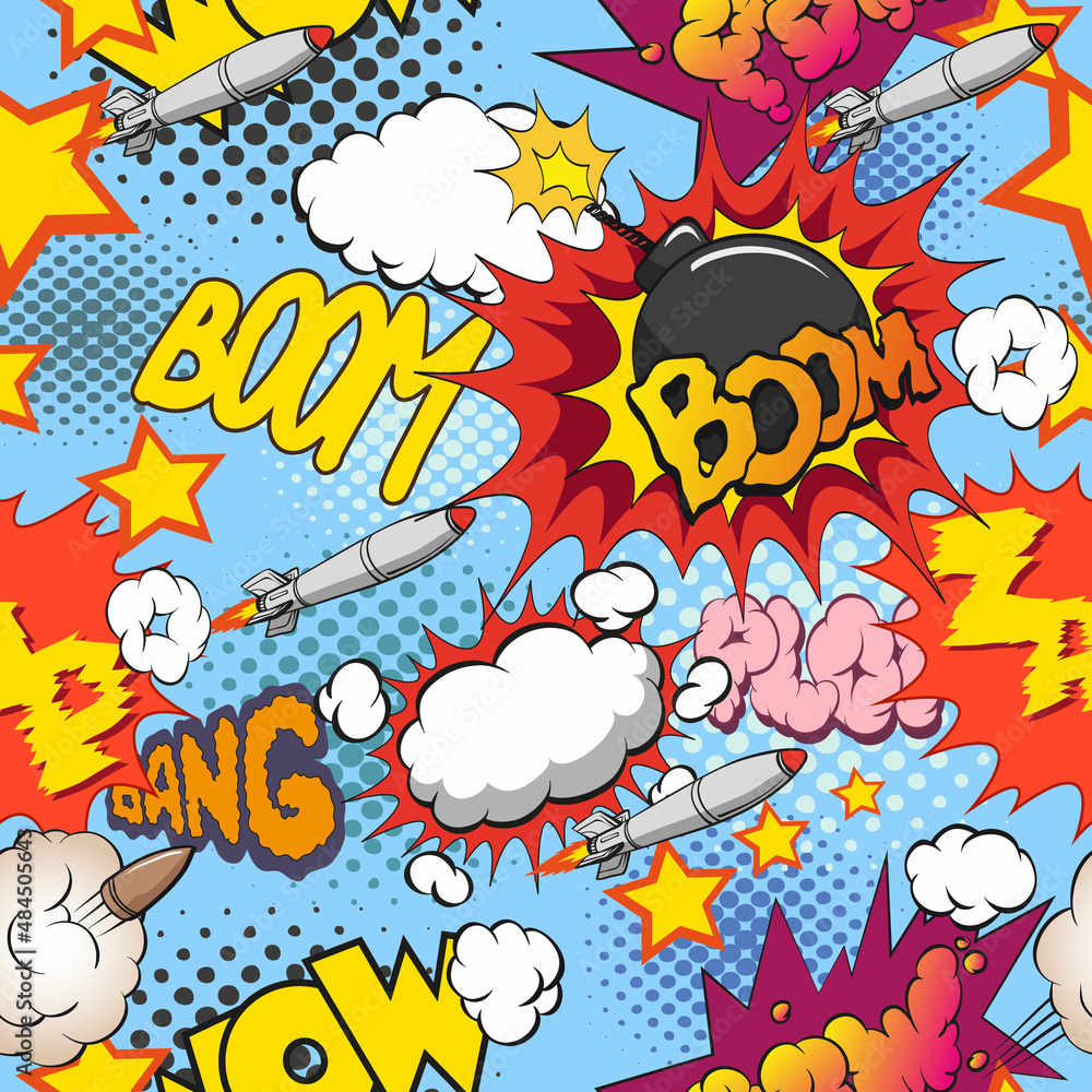 Fototapeta premium Comic book explosion, boom seamless pattern, vector illustration