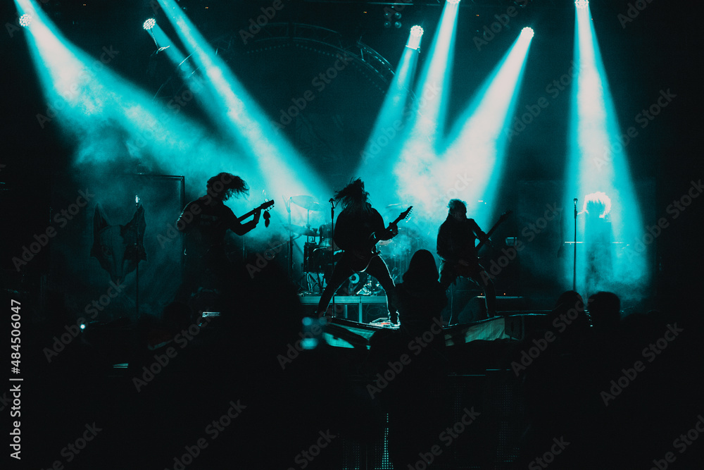 crowd at concert and silhouettes in stage lights