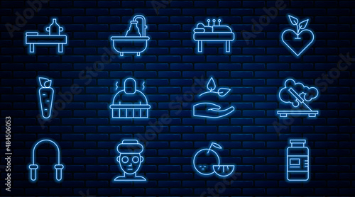 Set line Collagen serum, Scented spa stick, Acupuncture therapy, Sauna and procedures, Carrot, Massage table with oil, Leaf in hand and Bathtub icon. Vector