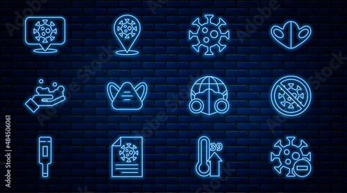 Set line Negative virus, Stop, Virus, Medical protective mask, Washing hands with soap, Corona on location, Earth medical and 2019-nCoV icon. Vector