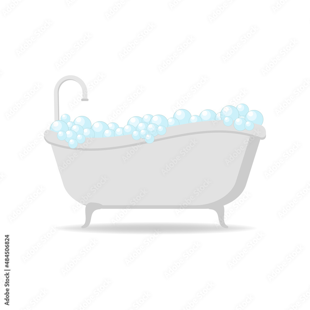 Modern bathtub with foam shower isolated on background. Element for design bathroom. Vector illustration in flat style