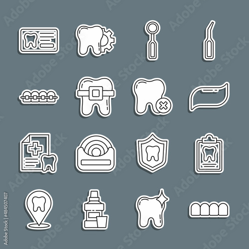 Set line Dentures model, Dental card, Toothpaste, inspection mirror, Teeth with braces, and caries icon. Vector