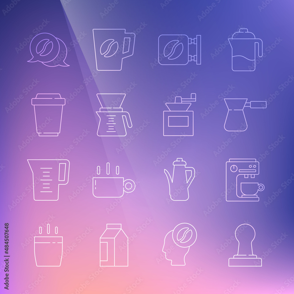Set line Coffee tamper, machine, turk, Street signboard coffee, Pour over maker, cup to go, and conversation and Manual grinder icon. Vector Set line Coffee tamper, machine, turk, Street signboard coffee, Pour over maker, cup to go, and conversation and Manual grinder icon. Vector