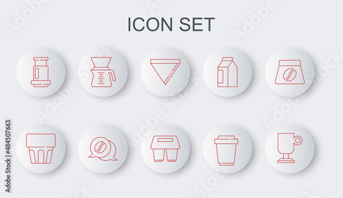 Set line Irish coffee, Glass with water, Coffee paper filter, cup to go, Aeropress, Pour over maker, and conversation and icon. Vector