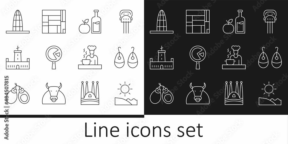 Set line Beach, Earrings, Apple cider bottle, Omelette frying pan, Montjuic castle, Agbar tower, Spanish cook and House Edificio Mirador icon. Vector