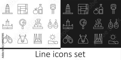 Set line Beach, Earrings, Apple cider bottle, Omelette frying pan, Montjuic castle, Agbar tower, Spanish cook and House Edificio Mirador icon. Vector