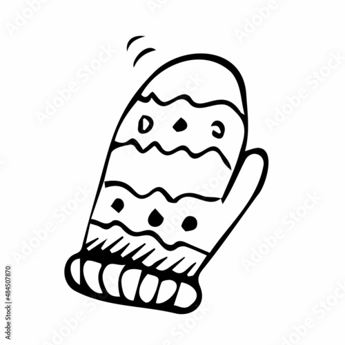 Winter mitten in the doodle style. Vector illustration isolated on a white background. Perfect for a postcard, sticker, coloring book or as a label for a knitted product