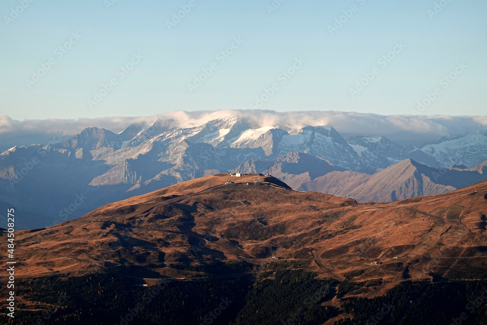 Panorama view on valleys and mountains (Ortler Alps) in the italian alps, Meran, South Tyrol, Italy