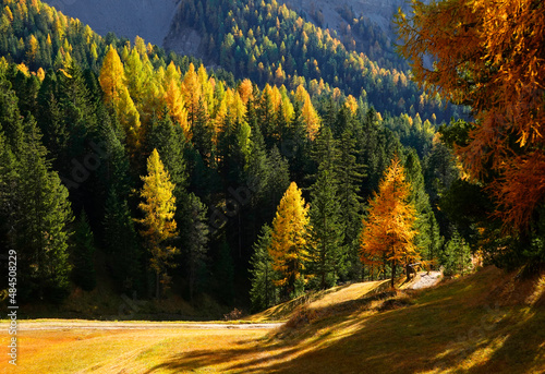 Fall alpine landscape of Secefa area, Odle Group in the Dolomites, Italy, Europe photo