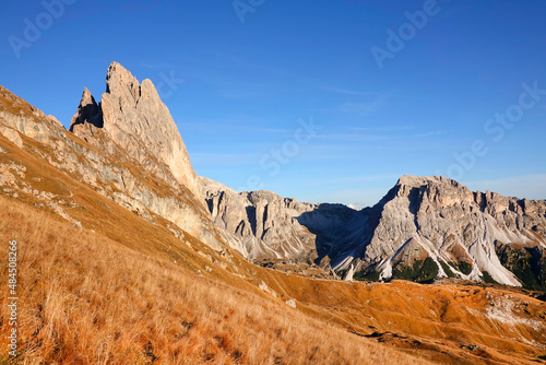 Fall alpine landscape of Secefa area, Odle Group in the Dolomites, Italy, Europe
