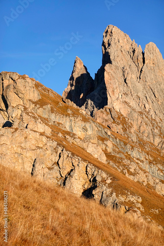 Autumn alpine landscape of Odle Group in the Dolomites, Italy, Europe
 photo