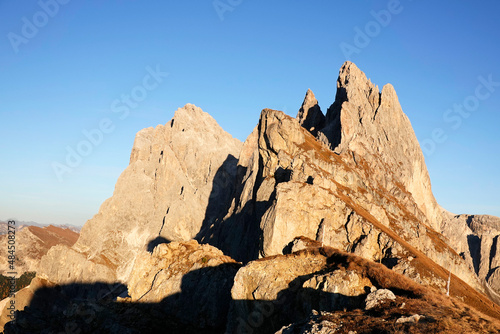 Autumn alpine landscape of Odle Group in the Dolomites, Italy, Europe photo