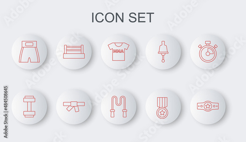 Set line Boxing belt, Dumbbell, T-shirt with fight club MMA, Medal, short, ring, Black karate and Jump rope icon. Vector