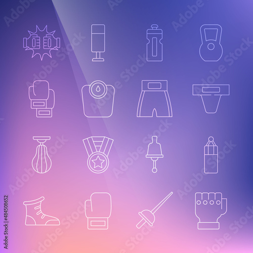 Set line MMA glove, Punching bag, Groin guard, Fitness shaker, Bathroom scales, Boxing, boxing gloves and short icon. Vector