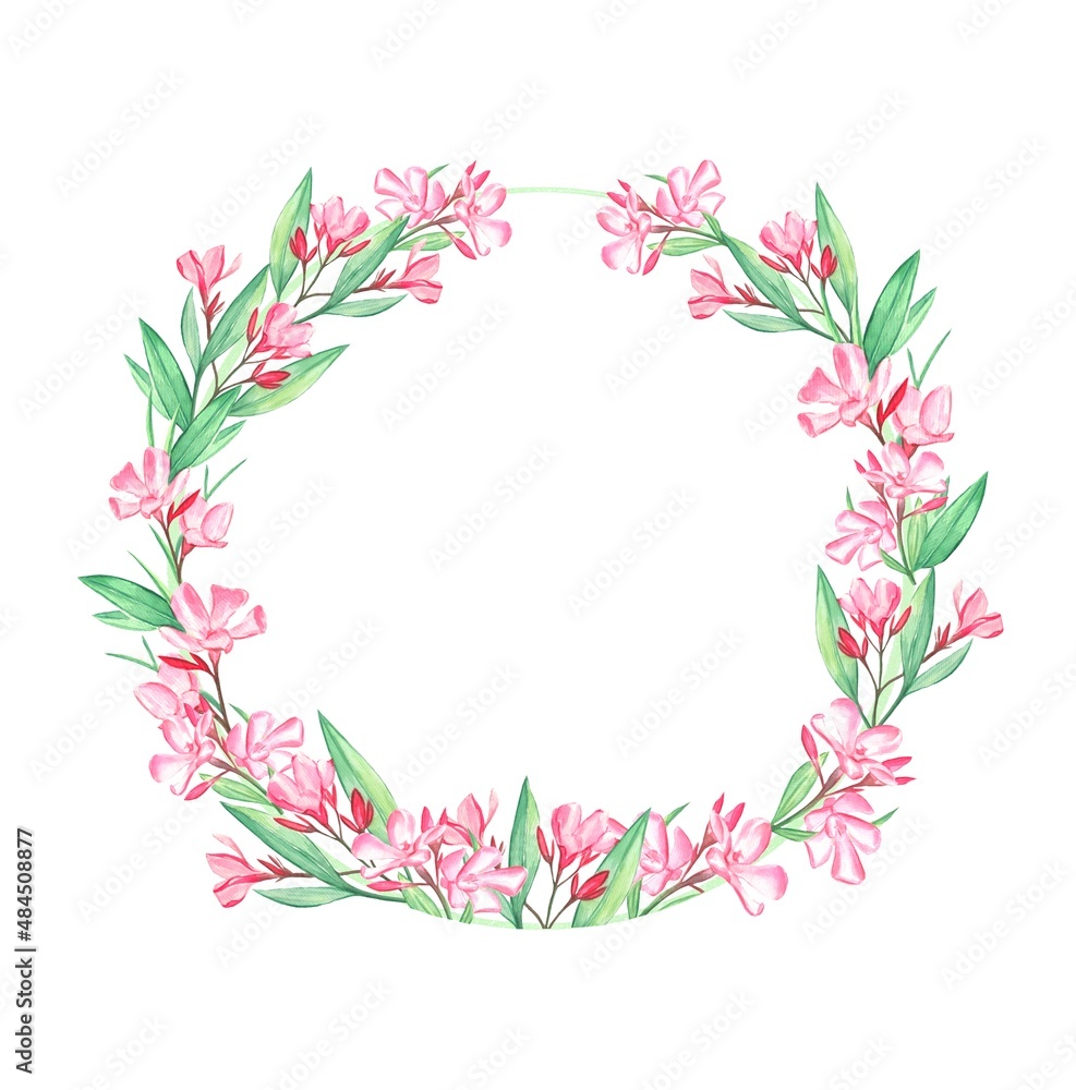 Watercolor wreath of oleander flowers and leaves on a white background.