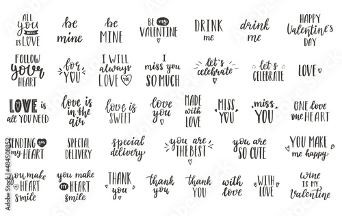 A set of handwritten words and phrases for Valentine's Day, birthday, other holidays. Hand lettering. Quotes for postcards, gift tags, labels. Black white vector silhouette isolated on white.
