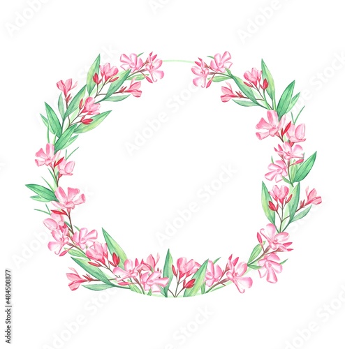 Watercolor wreath of oleander flowers and leaves on a white background.