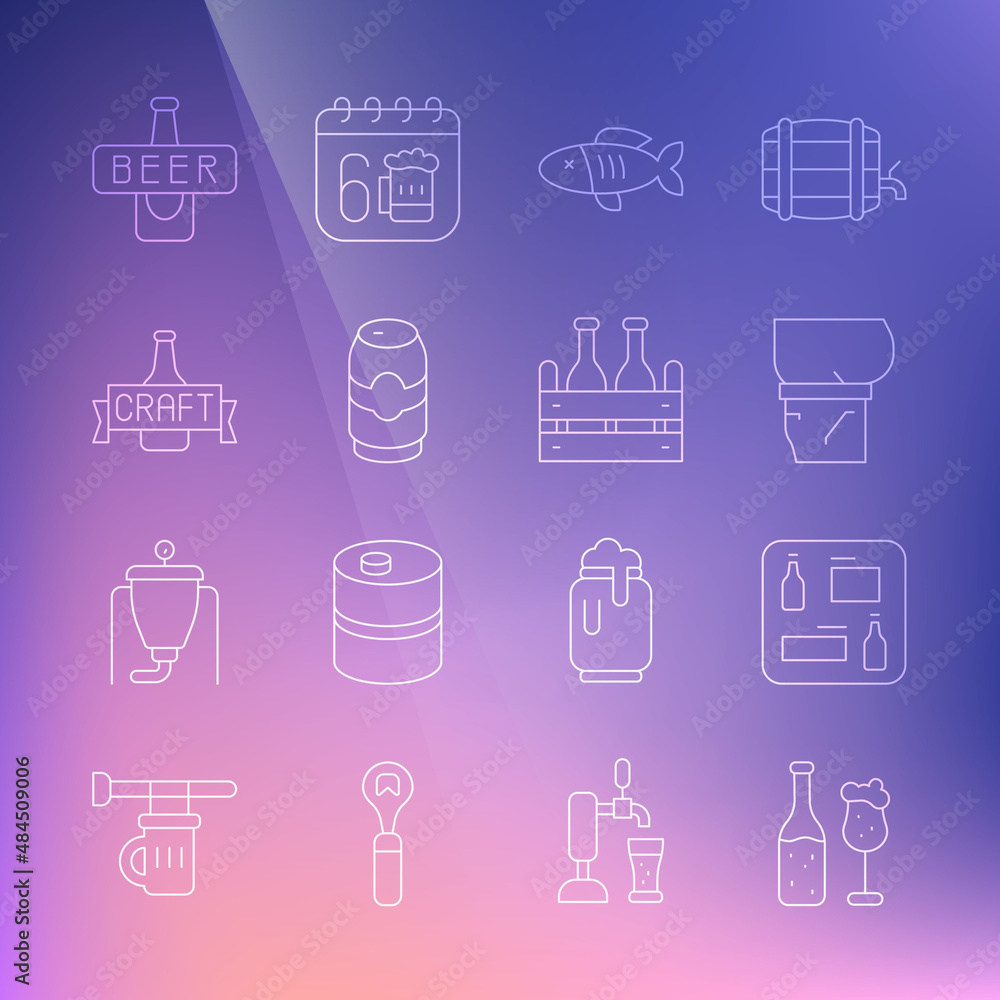 Set line Beer bottle and glass, menu, belly, Dried fish, can, and Pack of beer bottles icon. Vector Set line Beer bottle and glass, menu, belly, Dried fish, can, and Pack of beer bottles icon. Vector
