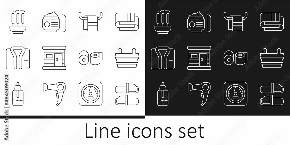 Set line Sauna slippers, bucket, Towel on hanger, wooden bathhouse, Bathrobe, Incense sticks, Toilet paper roll and Cream or lotion cosmetic tube icon. Vector