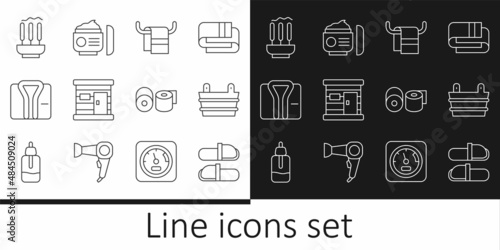 Set line Sauna slippers, bucket, Towel on hanger, wooden bathhouse, Bathrobe, Incense sticks, Toilet paper roll and Cream or lotion cosmetic tube icon. Vector