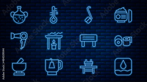 Set line Water drop, Toilet paper roll, Sauna ladle, Aroma candle, Hair dryer, Essential bottle, wood bench and thermometer icon. Vector