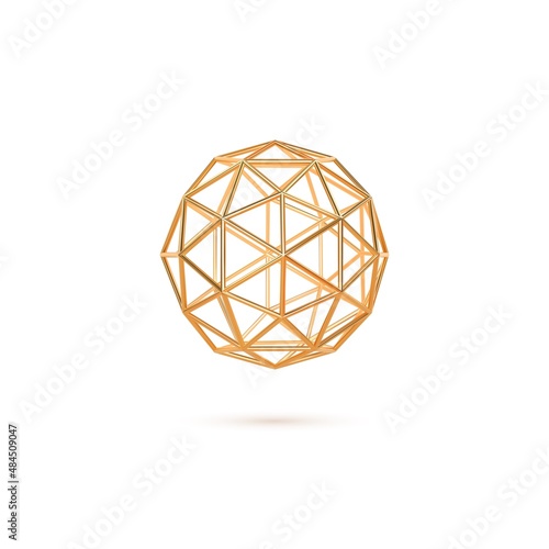 3d sphere gold grid. Faceted ball isolated.Golden geometric element. Realistic vector illustration.